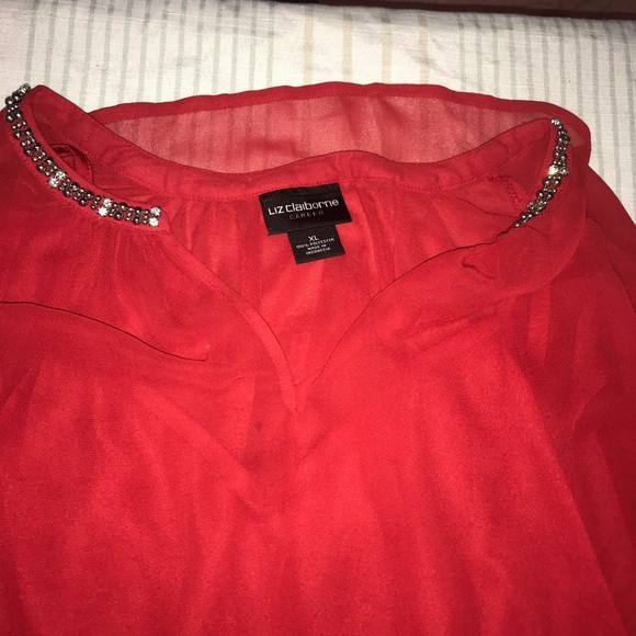 Liz Claiborne 3/4-Sleeve Embellished V- Neck Blouse Size XL. Red, Rhinestones - Picture 6 of 7